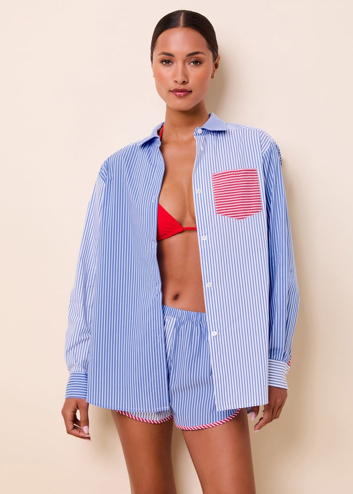 Avril Button Down Colorblock Marina Blue Stripe