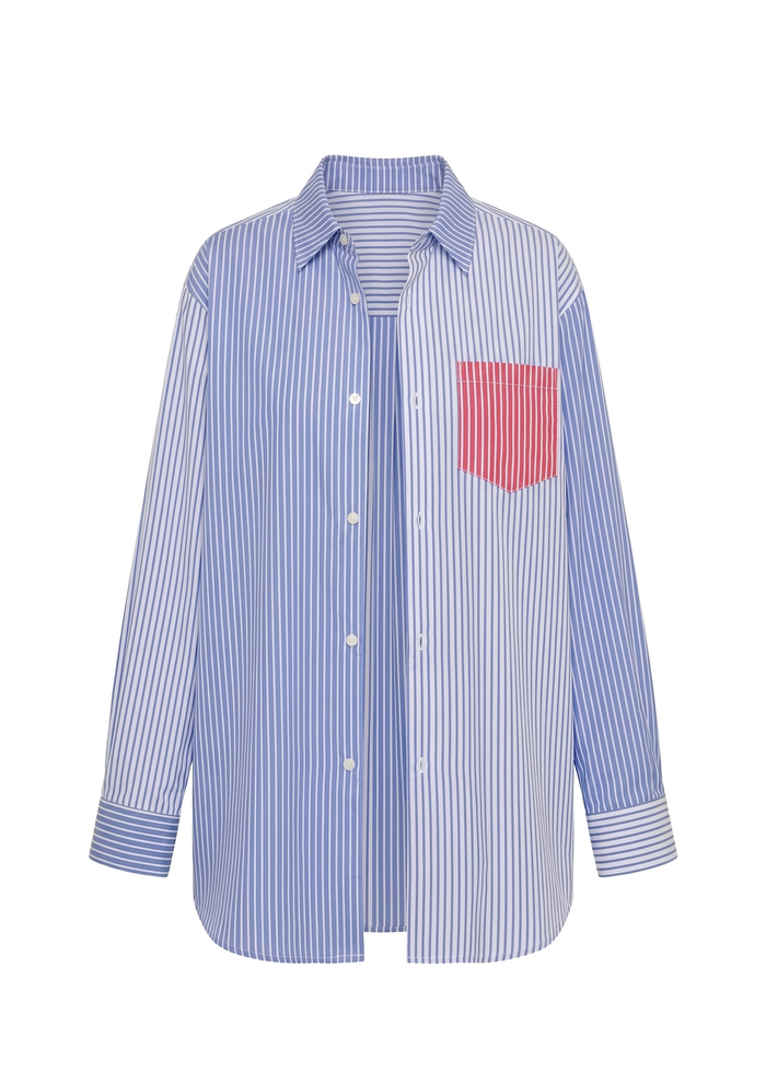 Avril Button Down Colorblock Marina Blue Stripe
