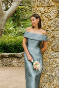 Slate “Barbara” Brocade Off The Shoulder Dress, editorial angled three-quarter view