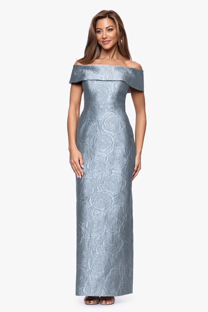 Slate Petite “Barbara” Brocade Off The Shoulder Dress, front view