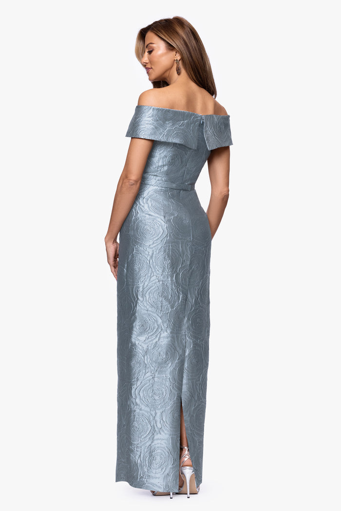 Slate Petite “Barbara” Brocade Off The Shoulder Dress, back view