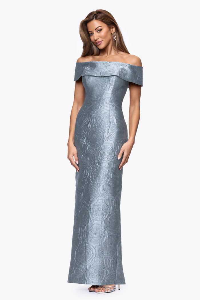 Slate Petite “Barbara” Brocade Off The Shoulder Dress, alternate front view