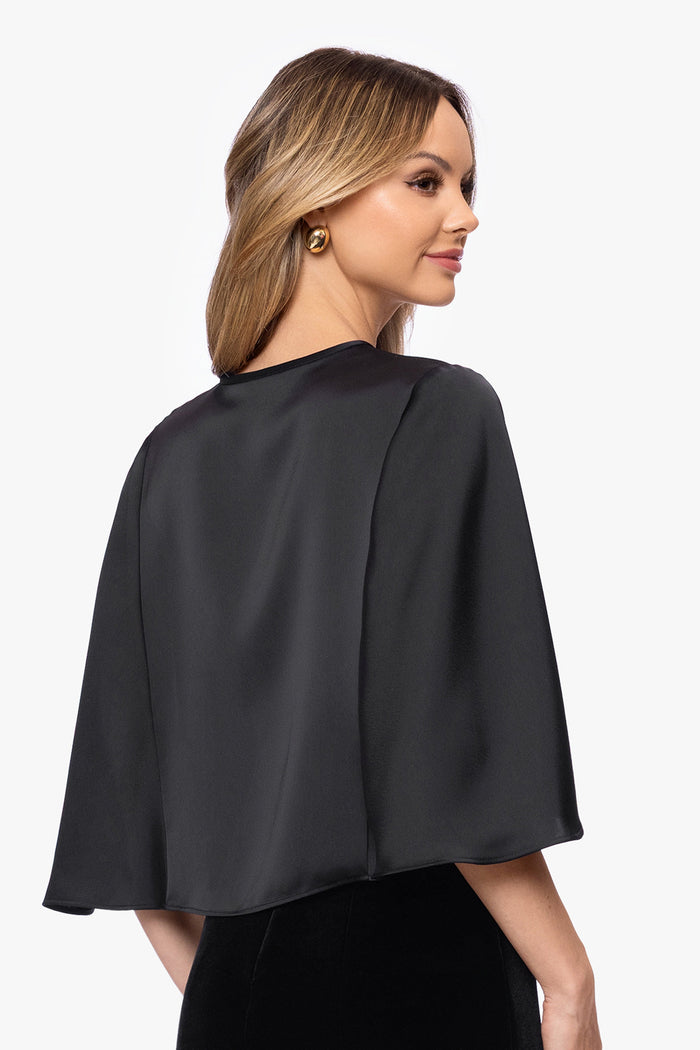 Black “Bella” Satin Cape Shawl Wrap, back view on model