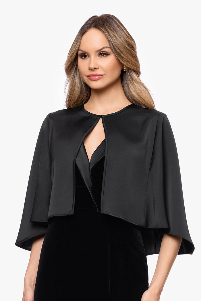 Black “Bella” Satin Cape Shawl Wrap, alternate front view on model