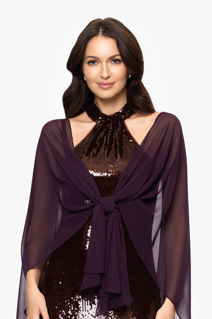 Mulberry “Bernadette” Chiffon Shawl Wrap, styled front view with knotted tie