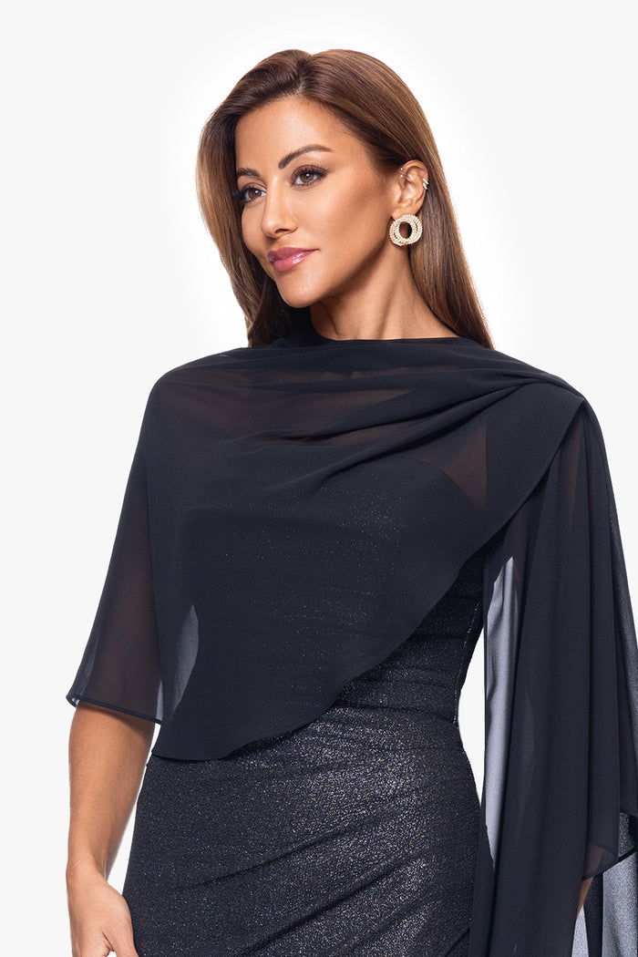 Black “Bernadette” Chiffon Shawl Wrap, close-up front view with asymmetrical draping
