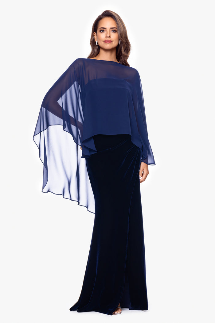 Navy “Bernadette” Chiffon Shawl Wrap, front view styled with an asymmetrical drape