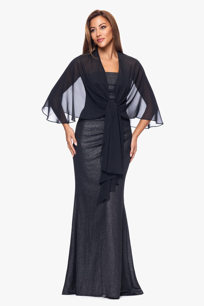 Black “Bernadette” Chiffon Shawl Wrap, styled front view with knotted tie