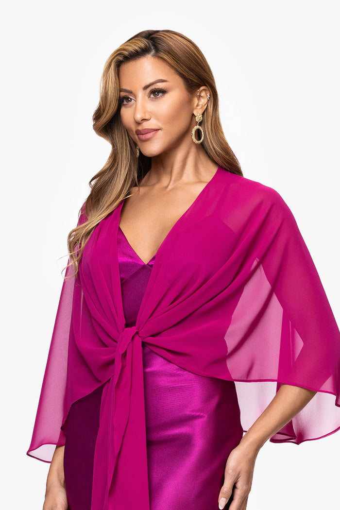 Magenta “Bernadette” Chiffon Shawl Wrap, angled three-quarter view with knotted tie