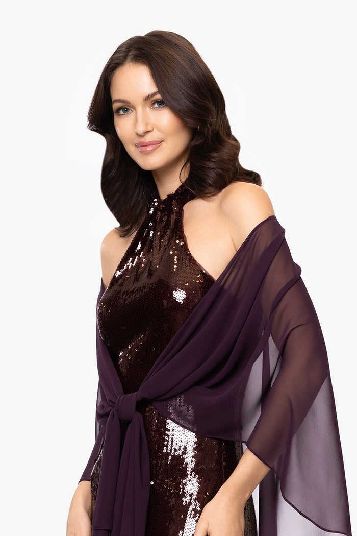 Mulberry “Bernadette” Chiffon Shawl Wrap, angled three-quarter view with draped chiffon detail