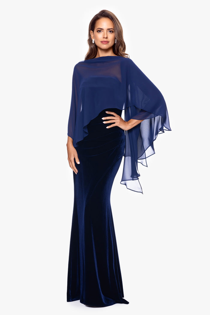 Navy “Bernadette” Chiffon Shawl Wrap, alternate front view styled over one shoulder