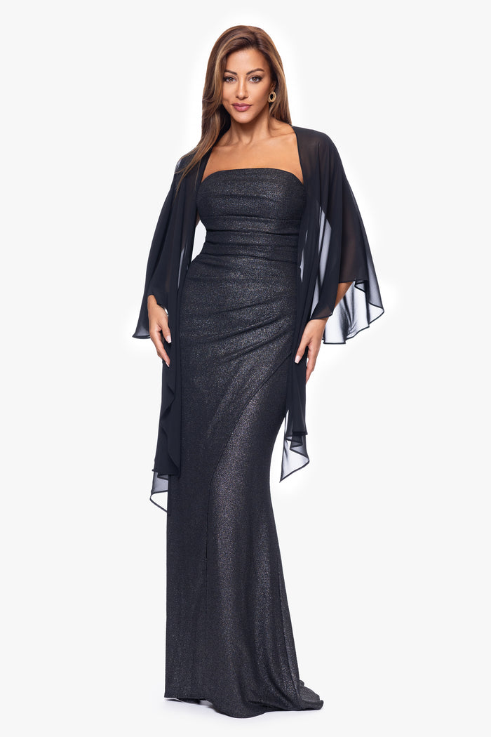 Black “Bernadette” Chiffon Shawl Wrap, front view with open draping