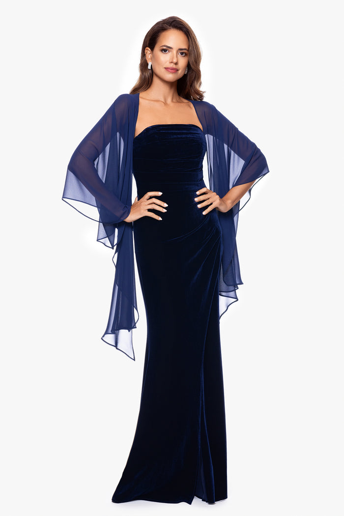 Navy “Bernadette” Chiffon Shawl Wrap, alternate front view with draped chiffon sleeves
