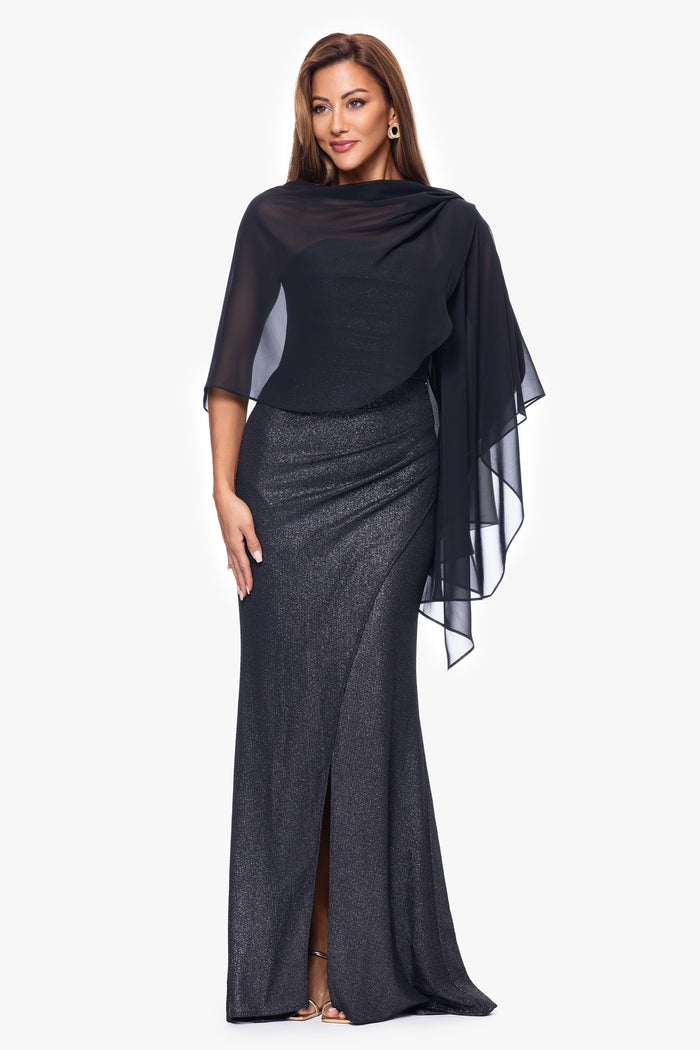 Black “Bernadette” Chiffon Shawl Wrap, alternate front view with asymmetrical draping