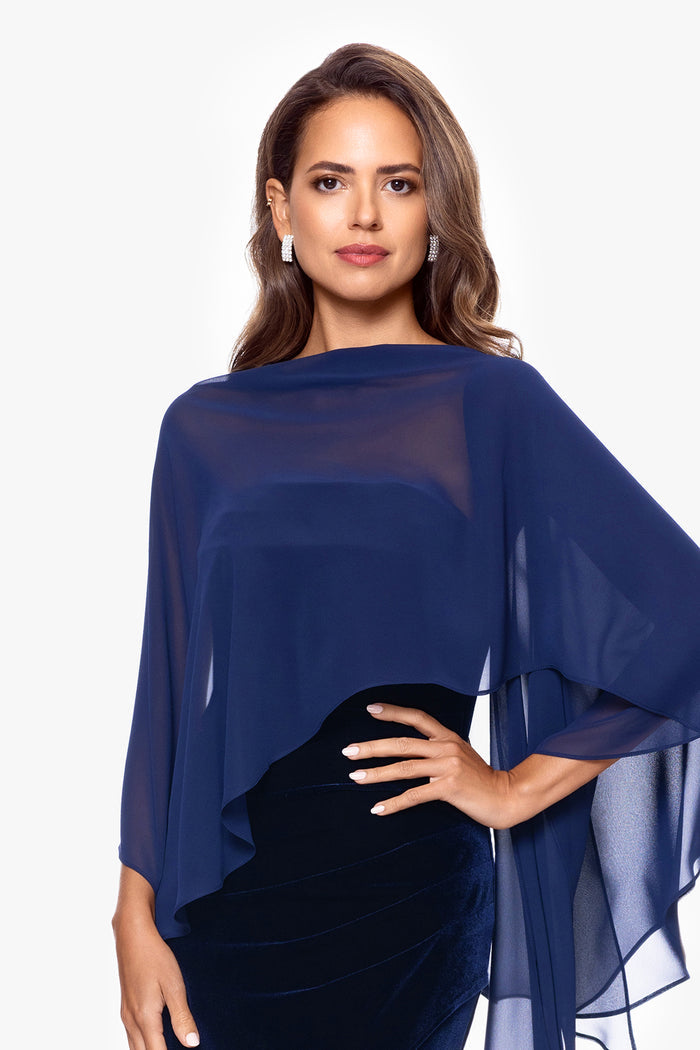 Navy “Bernadette” Chiffon Shawl Wrap, close-up front view styled over the shoulders