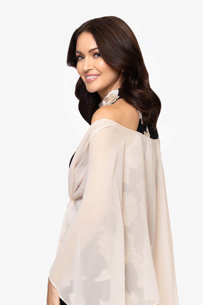 Blush “Bernadette” Chiffon Shawl Wrap, angled back view with draped chiffon detail