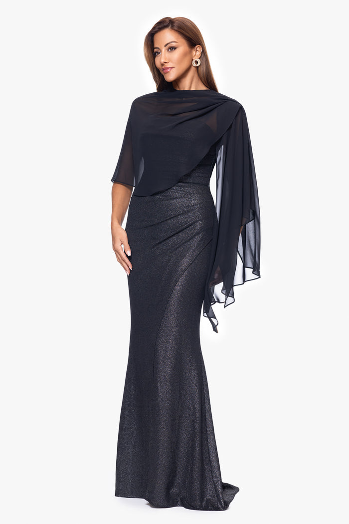 Black “Bernadette” Chiffon Shawl Wrap, angled three-quarter view with asymmetrical draping
