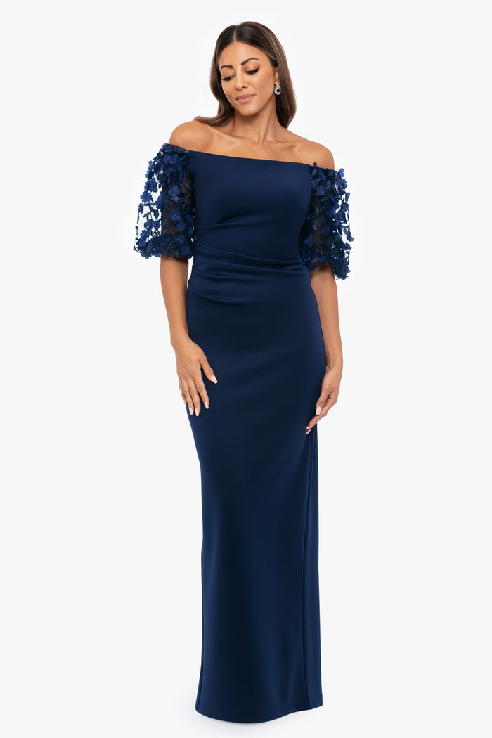 Navy “Bernice” Techno Scuba 3D Floral Sleeve Dress, front view
