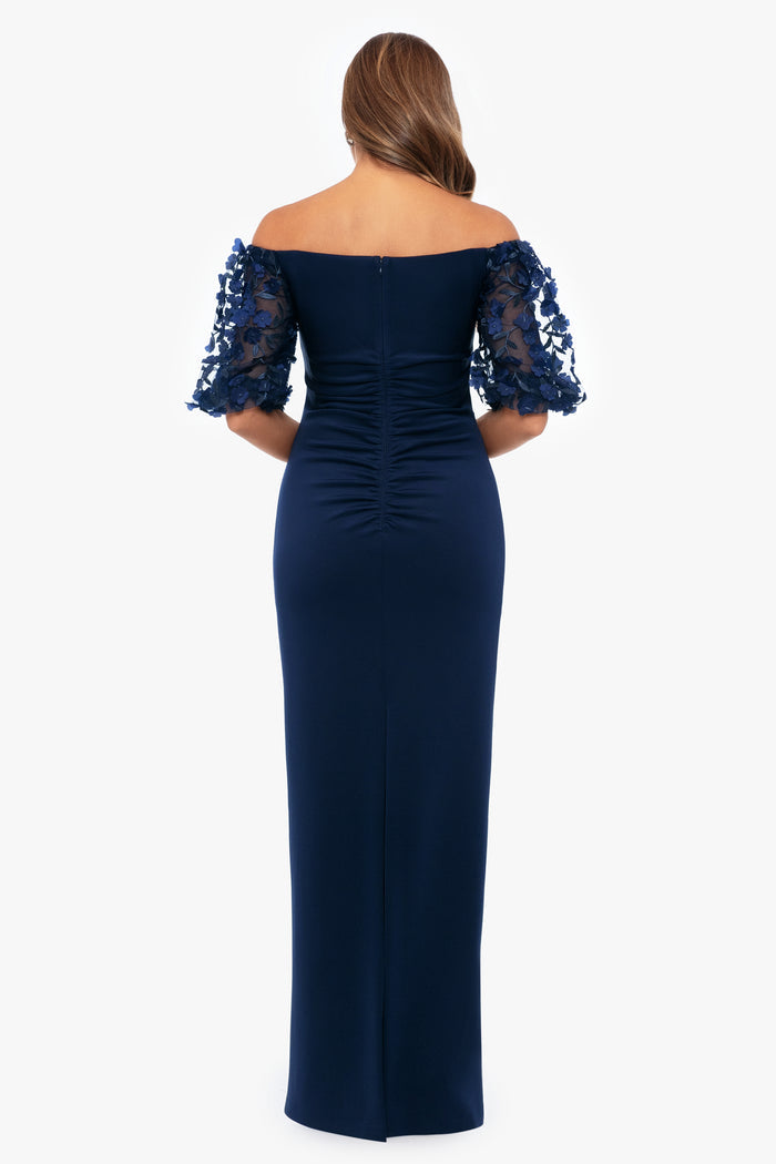 Navy “Bernice” Techno Scuba 3D Floral Sleeve Dress, back view