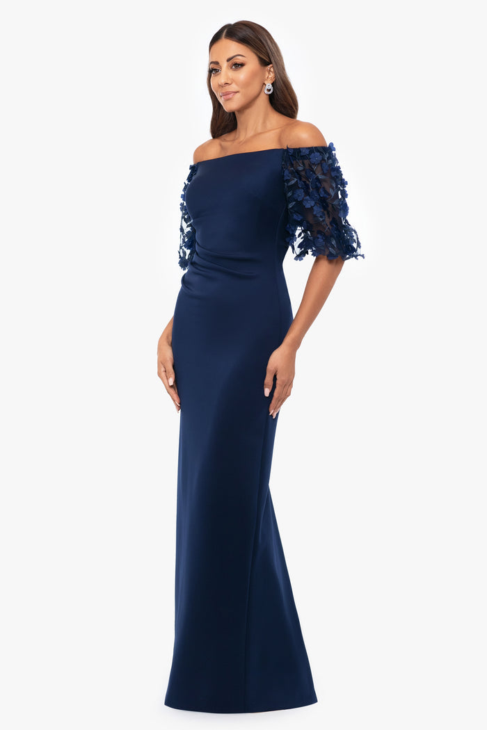 Navy “Bernice” Techno Scuba 3D Floral Sleeve Dress, angled three-quarter view