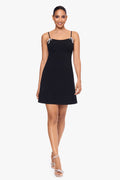 Black “Bethany” Scuba Crepe Rhinestone Bow Dress, front view