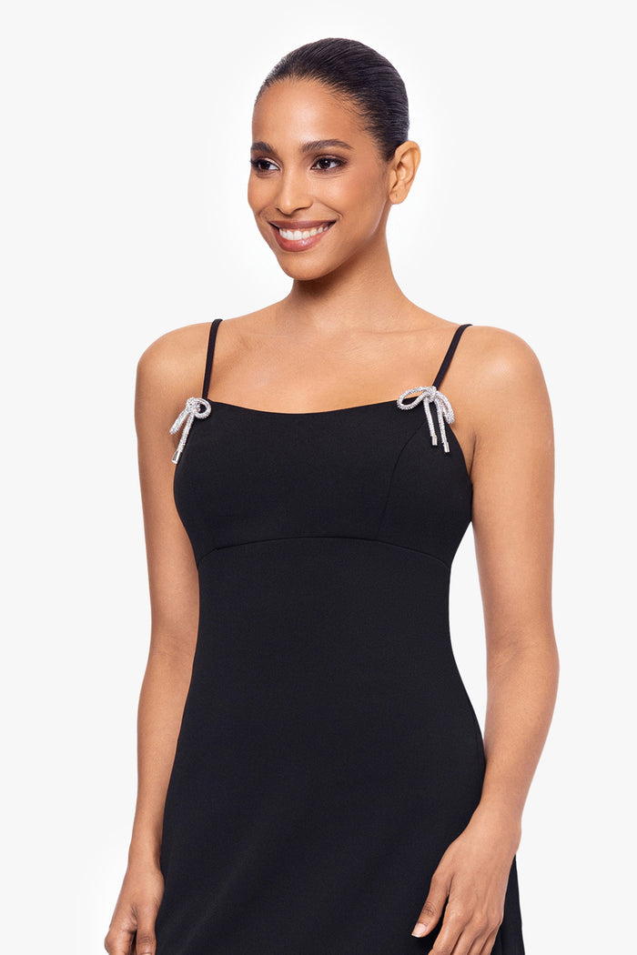 Black “Bethany” Scuba Crepe Rhinestone Bow Dress, square neckline and rhinestone bow strap detail