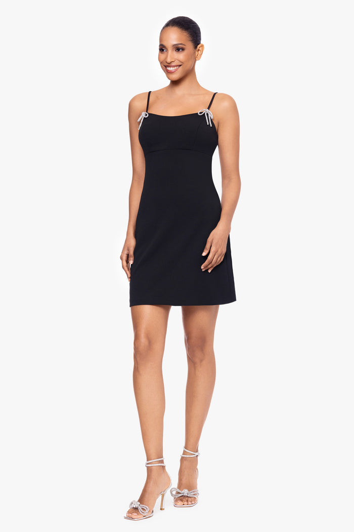 Black “Bethany” Scuba Crepe Rhinestone Bow Dress, alternate front view