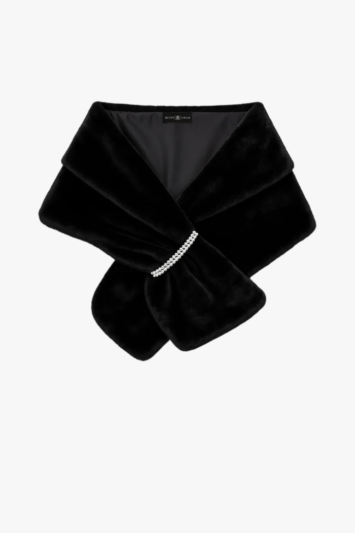 Black “Betty” Faux Fur Pearl Trim Shawl Wrap, product-only front view