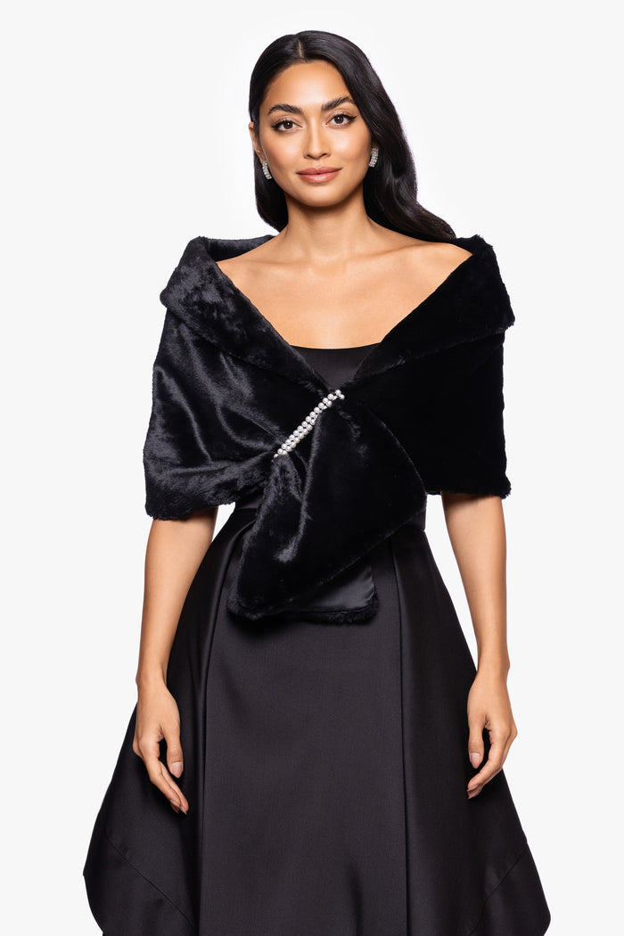 Black “Betty” Faux Fur Pearl Trim Shawl Wrap, styled front view with crossed draping and pearl trim