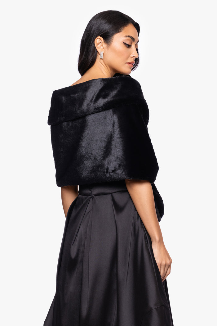 Black “Betty” Faux Fur Pearl Trim Shawl Wrap, back view