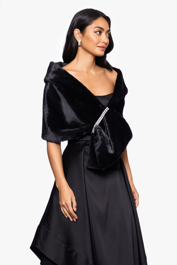 Black “Betty” Faux Fur Pearl Trim Shawl Wrap, angled three-quarter view with pearl trim
