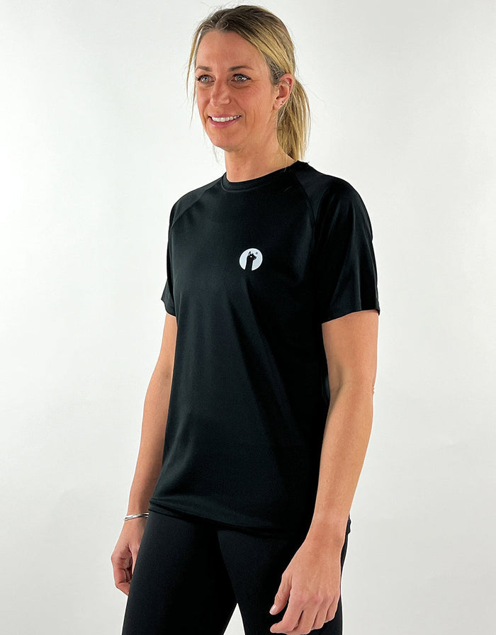 Woman wearing a black breathable quick-dry active llama t-shirt suitable for workouts