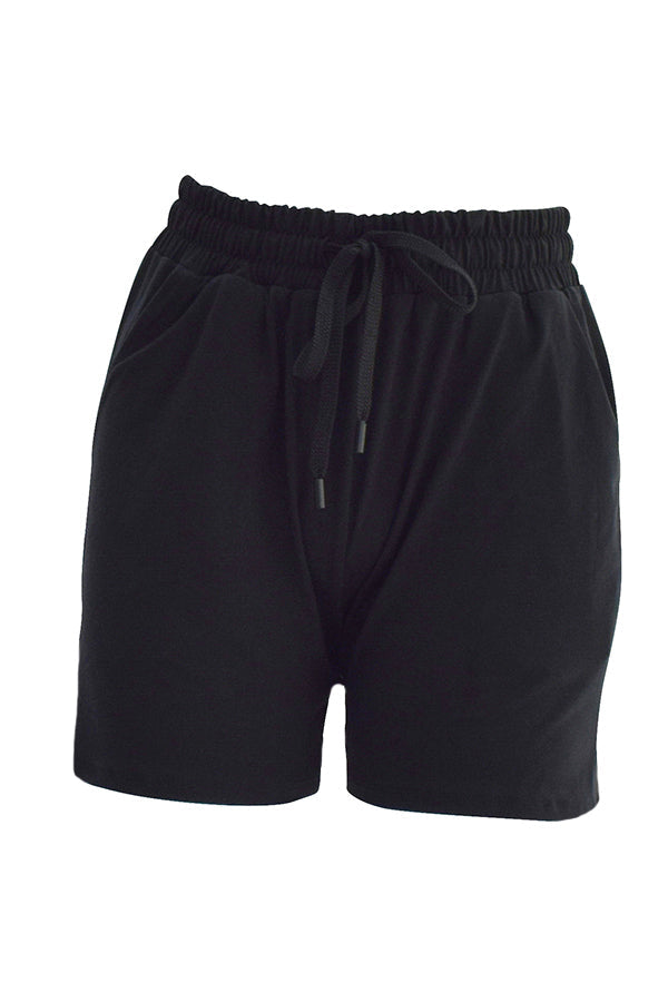 Black Magic jogger shorts in deep black with elastic waistband and drawstring, featuring side pockets and a comfortable fit.