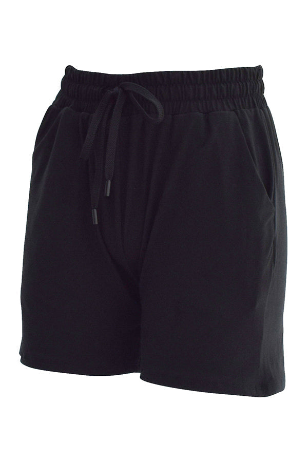 Black Magic jogger shorts in deep black with elastic waistband and adjustable drawstring, featuring side pockets and a comfortable, breathable fabric blend.