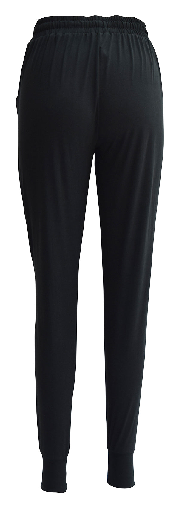 Slim fit black joggers with cuffed bottoms, drawstring waist, and pockets in soft magic fabric