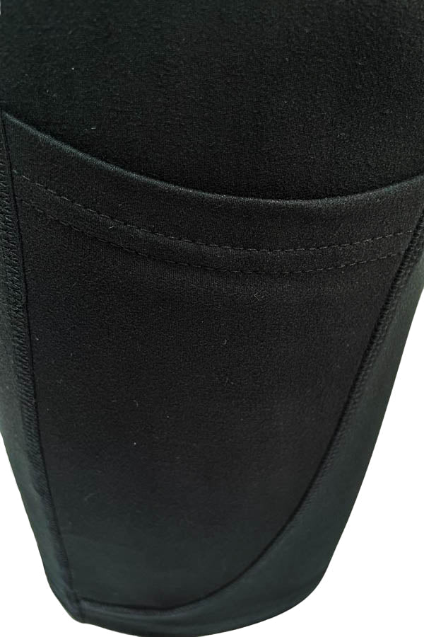 Close-up of Black Magic Shorts in black with deep side pocket and reinforced stitching