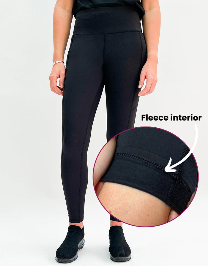 Black Magic winter-lined gym leggings with fleece interior, high waistband, and sleek black design for cold-weather workouts.
