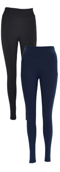 Black and navy leggings with deep side pockets and structured stitching for comfort and functionality
