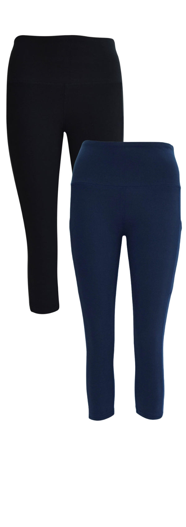Black and navy leggings with deep side pockets and extra stitching for structure