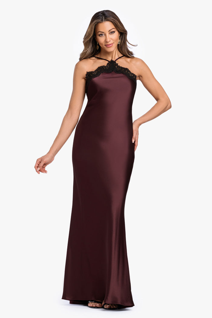 Chocolate “Blake” Satin & Lace Combo Dress, front view
