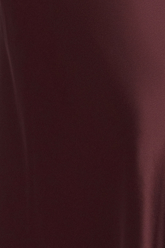 Close-up of the smooth Chocolate satin fabric on the “Blake” Satin & Lace Combo Dress