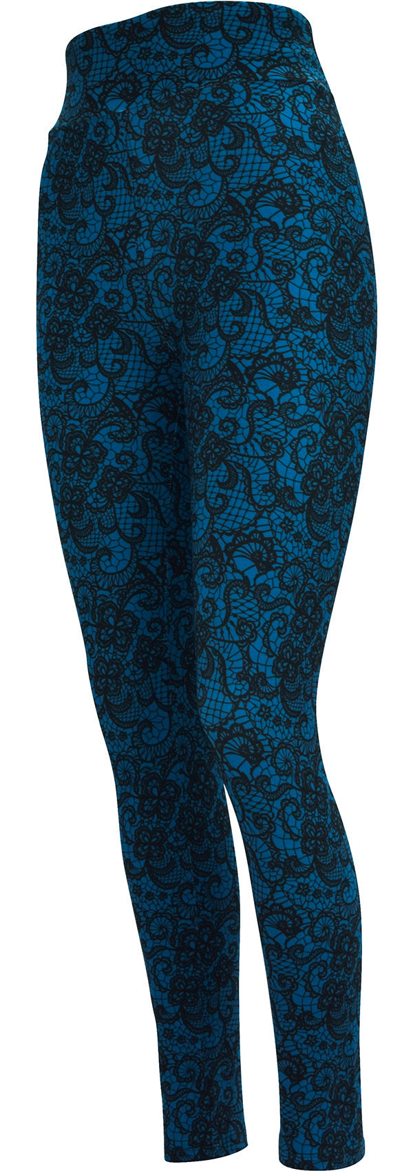 Blue Lagoon Lace leggings in deep blue and black intricate lace pattern
