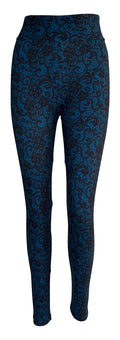 Blue Lagoon Lace leggings in deep blue and black with intricate lace pattern
