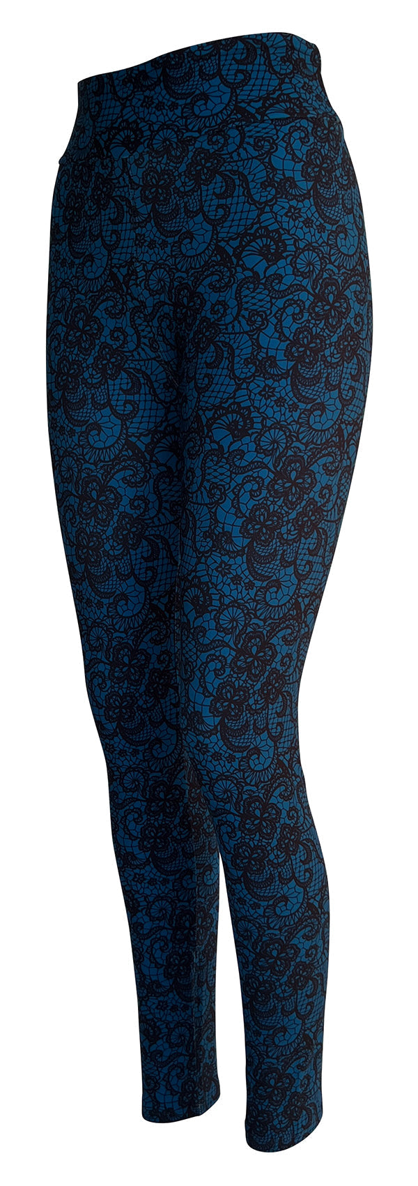 Blue Lagoon Lace patterned leggings in deep blue and black lace design