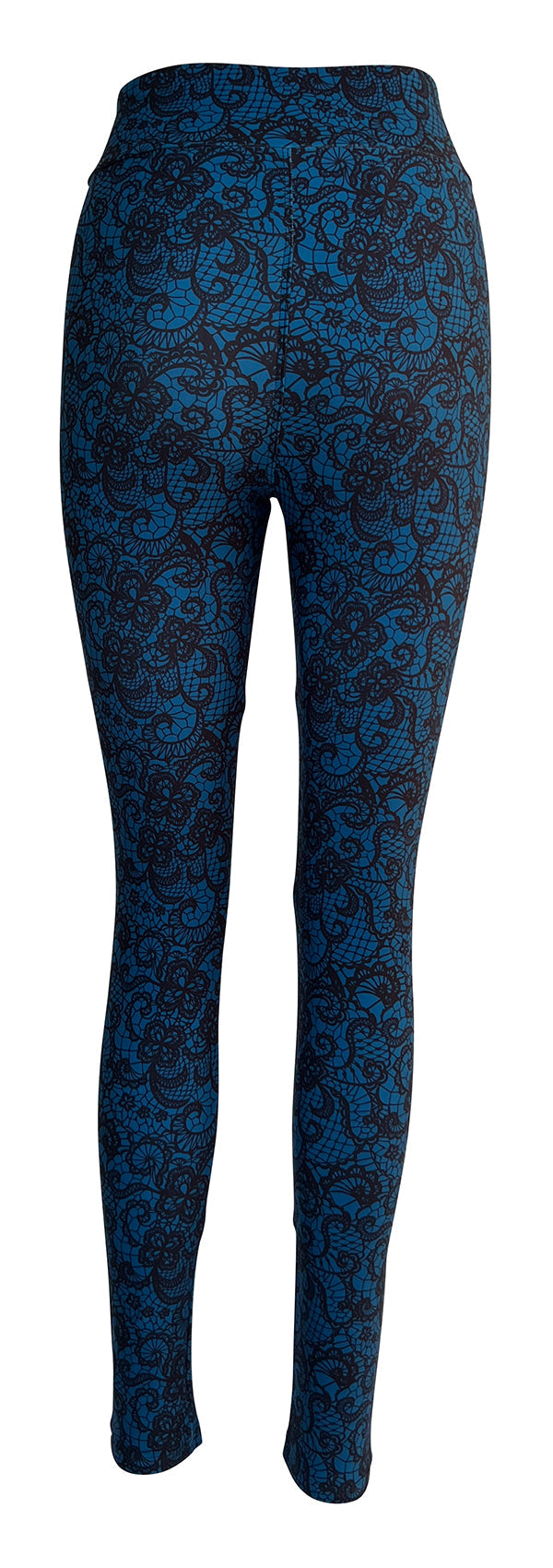 Blue Lagoon Lace leggings in deep blue and black with intricate lace pattern