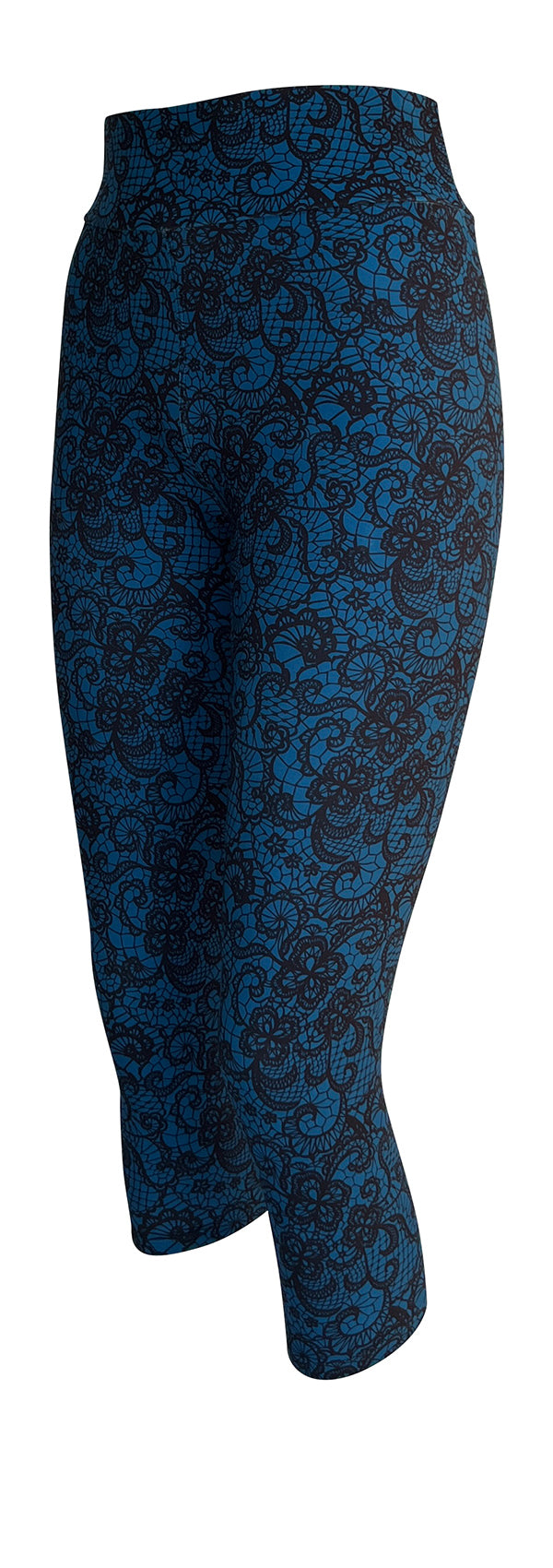 Blue Lagoon Lace leggings in deep blue and black lace pattern design