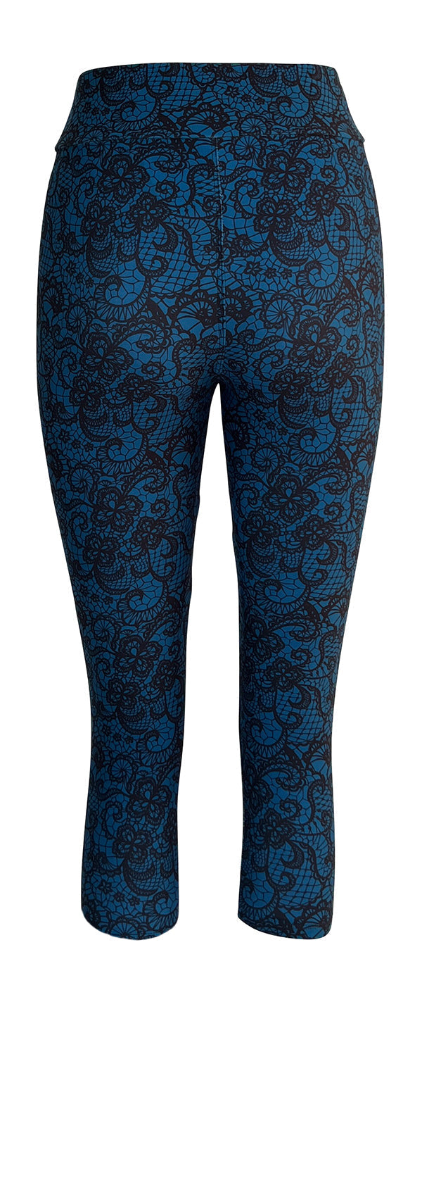 Blue Lagoon Lace patterned leggings in deep blue and black with intricate lace design