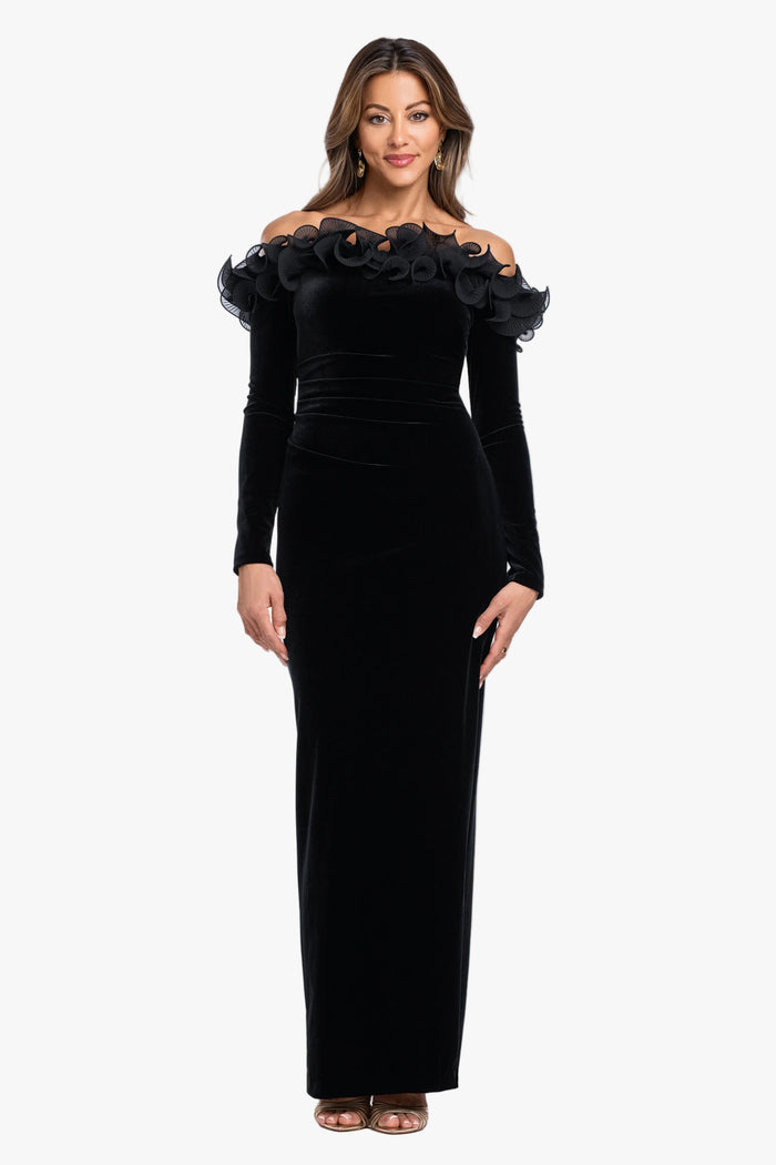 "Brennan" Velvet Long Sleeve Off Shoulder Ruffle Dress