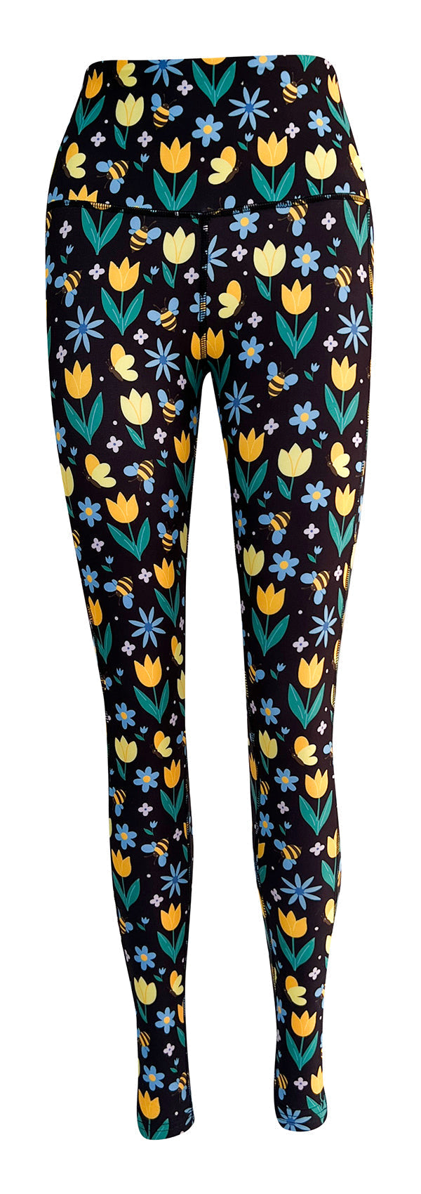 Black leggings with colorful tulip, daisy, and bumblebee floral print and side pockets