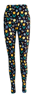 Black leggings with colorful tulip, daisy, and bumblebee floral print and side pockets